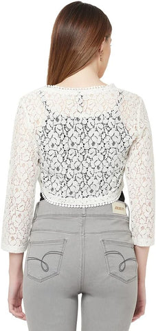 ESPRESSO Women Designer Lace Front Tie Up Short Shrug/Cardigan (Regular and Plus Size), Off-White, M