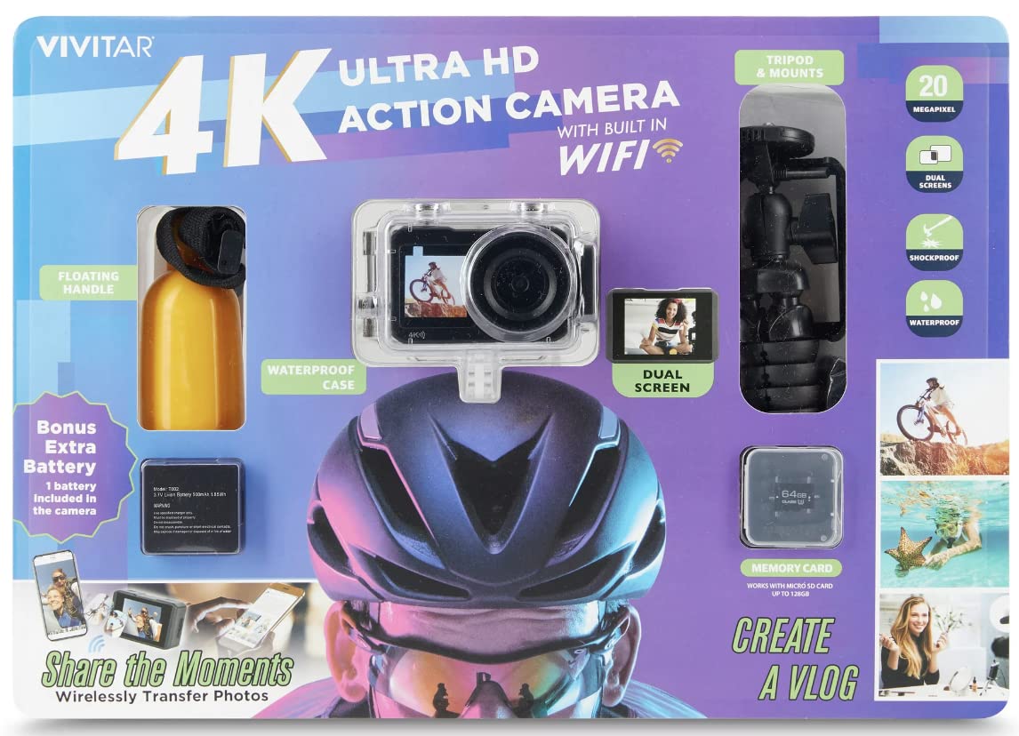 Vivitar 4K Ultra HD Action Camera Bundle Dual Screens, WiFi, 64GB SD, 2 Batteries, Waterproof Case, EIS & More