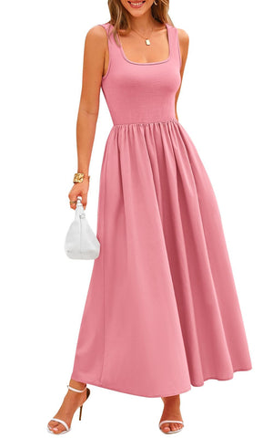 Potany Summer Dresses for Women Casual Sleeveless Square Neck Flowy Long Pink A Line Beach Vacation Maxi Tank Sun Dress 2024 Spring Outfits with Pockets(Pink,S)