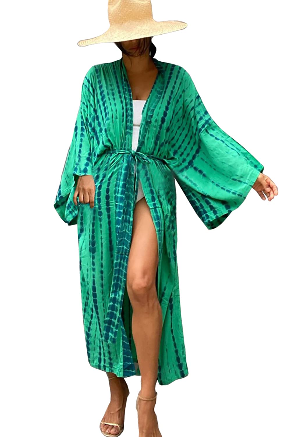 YouKD Women's Bohemian Cardigan Maxi Dress Beach Coverup Robe Long Kimono Robs One Size E Green