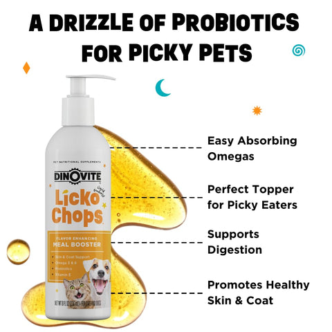Dinovite Lickochops for Dog & Cat Supplement Enhanced with Omega-6, 3 Fatty Acids, Probiotics and Vitamin E, 16 oz with Pump