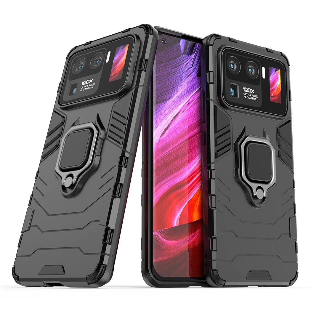 Compatible with Xiaomi Mi 11 Ultra Case, Metal Ring Grip Kickstand Shockproof Hard Bumper (Works with Magnetic Car Mount) Dual Layer Rugged Cover (Black)