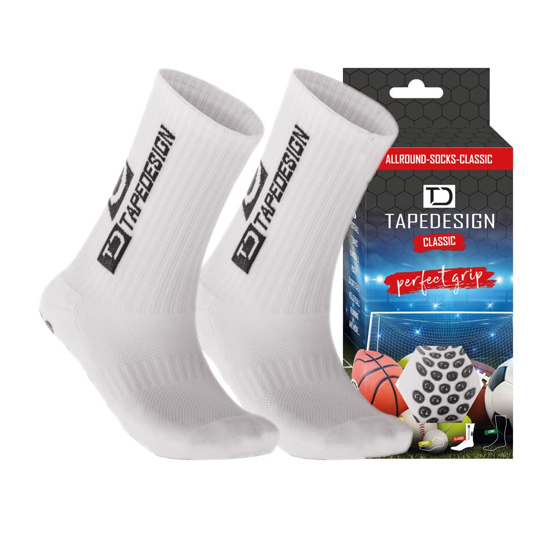 Tapedesign - "Classic 1 Pair Non-Slip Football Grip Socks White (Size 5-14) for Men, Women & Kids - Soccer Socks for Adults & Youth (Unisex) - Anti-Slip Sport Socks for Basketball, Tennis & Running