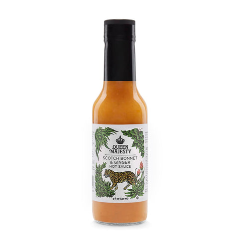 Queen Majesty Scotch Bonnet & Ginger Hot Sauce, 5 oz - All Natural Scotch Bonnet, Habanero, & Ginger Condiment - Vegan, Kosher, Gluten Free, non GMO, No Sugar, Award Winning & Featured on Hot Ones