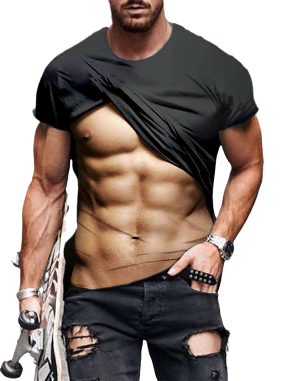 Men's Funny T Shirt Fashion Creative 3D Muscle Splicing Print Crew Neck Short Sleeve T Shirt Color1 M