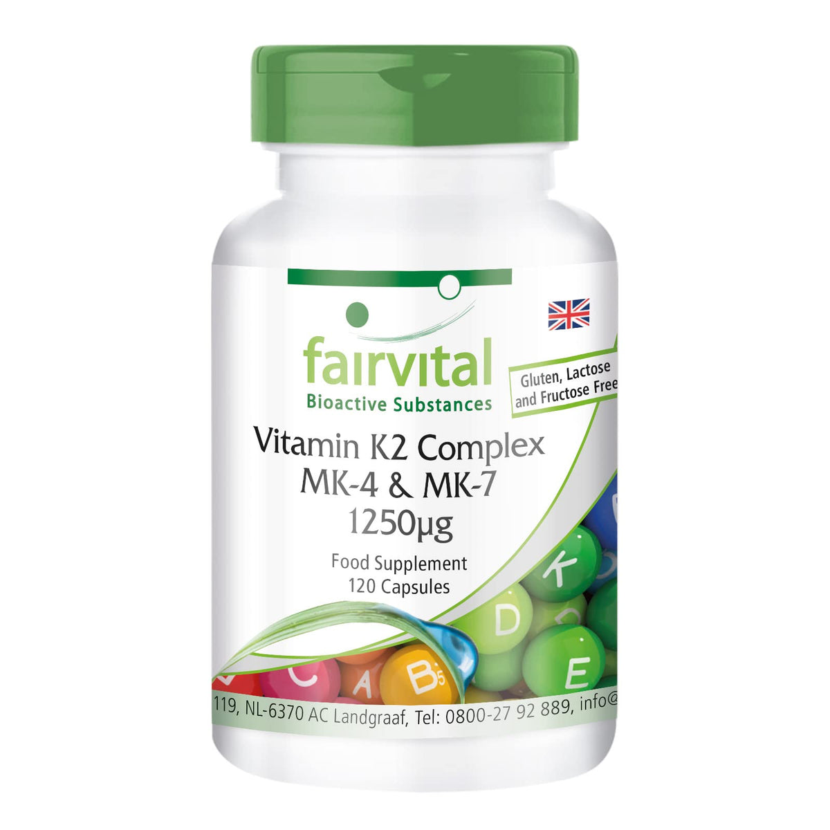 Fairvital | Vitamin K2 MK-4 & MK-7 Complex 1250mcg - Bulk Pack for 4 Months - Vegan - HIGH Dosage - 120 Capsules