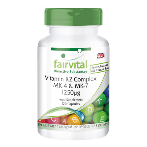 Fairvital | Vitamin K2 MK-4 & MK-7 Complex 1250mcg - Bulk Pack for 4 Months - Vegan - HIGH Dosage - 120 Capsules