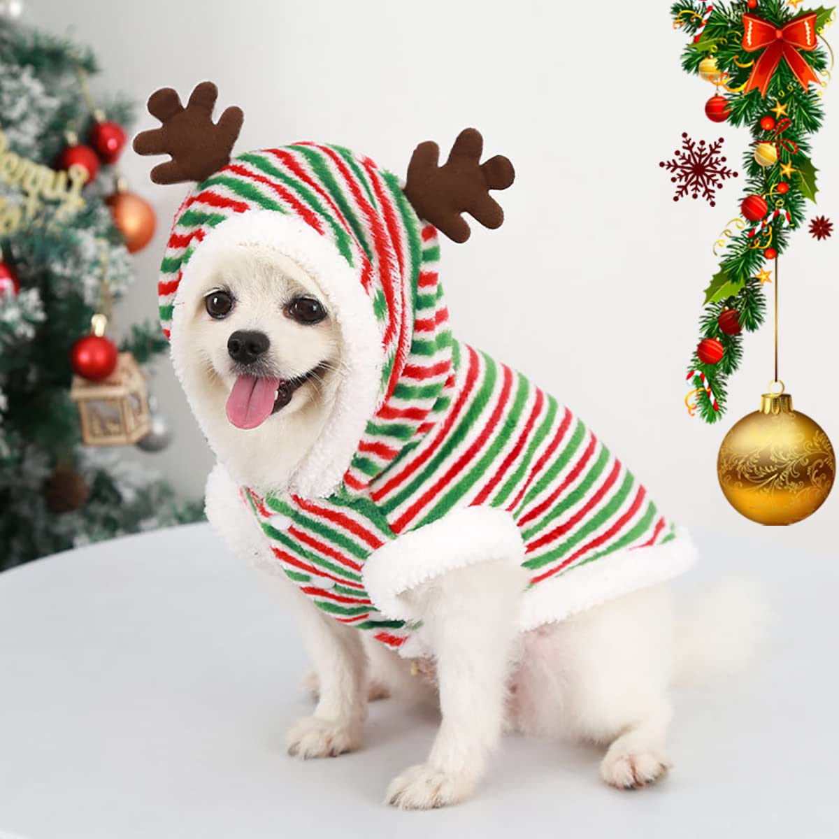 Aimondow Pet Dog Christmas Clothes Costume, Xmas Holiday Santa Warm Soft Puppy Sweater, Christmas Party Cosplay Costumes for Small Medium Dogs and Cats (Striped, Large)