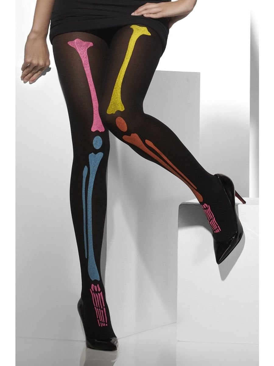 Smiffys Opaque Tights, Black Neon Skeleton Print, Fever Hosiery Fancy Dress, Halloween Dress Up Accessories