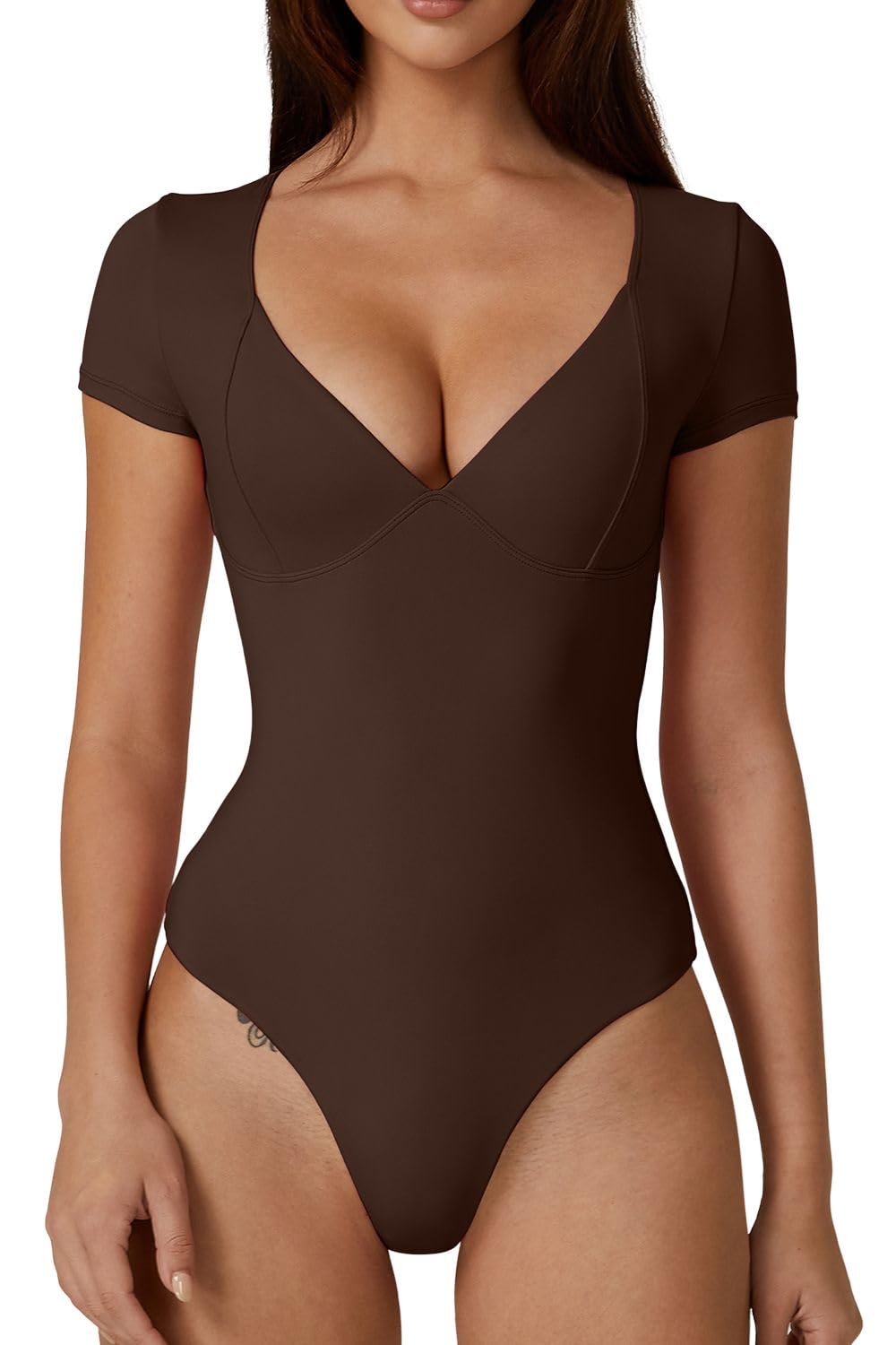 QINSEN Bodysuit Shirts for Women V Neck Seamed Cup Short Sleeve Shirt Double Lined Tops Coffee Bean S