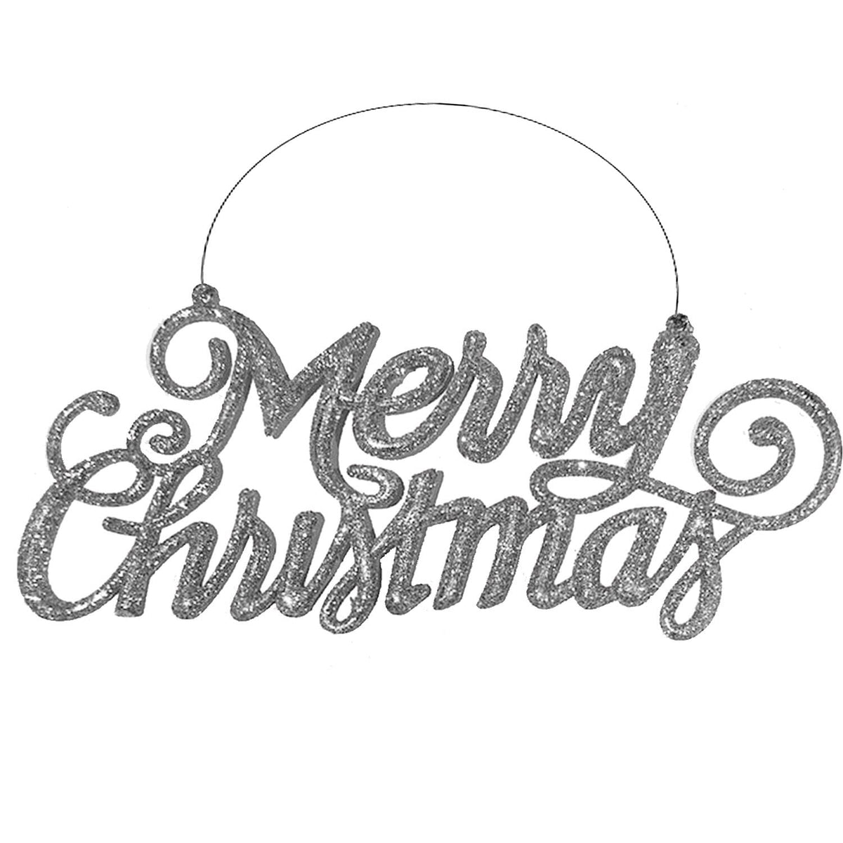 AKH® 1 x Merry Christmas Sign | 24.5 x 10 cm | Hanging Metallic Thread Included | Xmas Glittery Hanging Welcome Sign | For Xmas Tree Door Wreath Fireplace Wall Indoor Outdoor Decoration (Silver)
