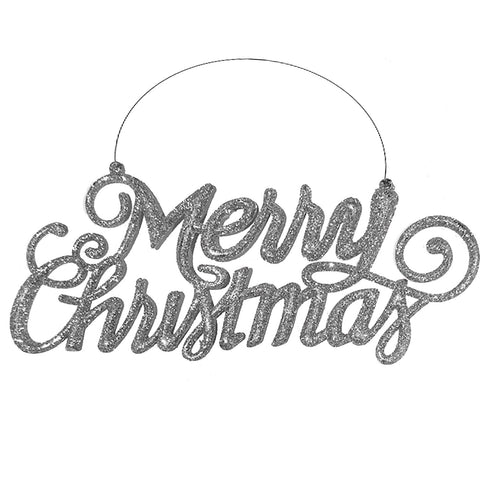 AKH® 1 x Merry Christmas Sign | 24.5 x 10 cm | Hanging Metallic Thread Included | Xmas Glittery Hanging Welcome Sign | For Xmas Tree Door Wreath Fireplace Wall Indoor Outdoor Decoration (Silver)