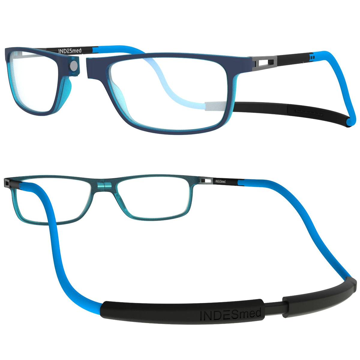 INDESMED - Click Magnetic Reading Glasses, Blue Light Filter, and Interchangeable Adjustable Straps, for Men and Women (Blue, 1, Diopters)