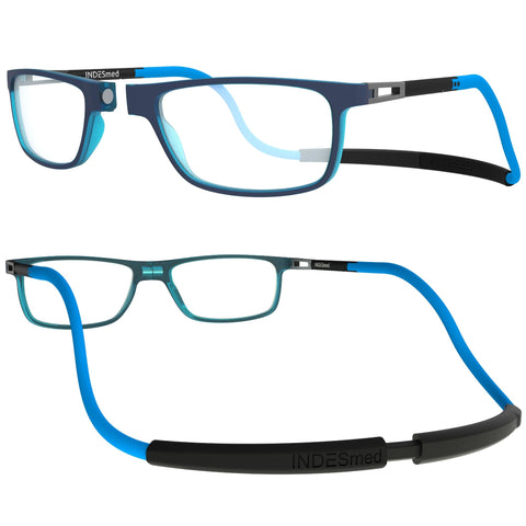 INDESMED - Click Magnetic Reading Glasses, Blue Light Filter, and Interchangeable Adjustable Straps, for Men and Women (Blue, 1, Diopters)