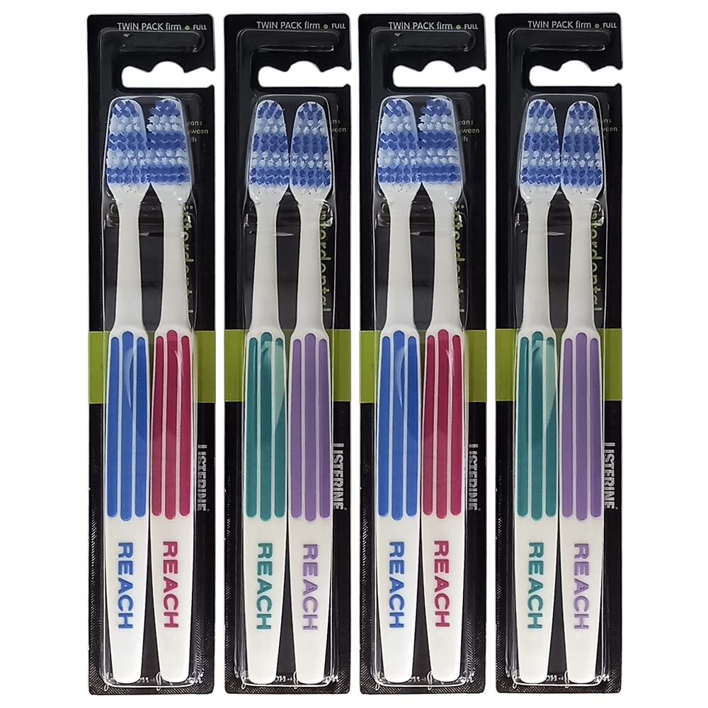REACH Essential Care Interdental Firm Toothbrush, Duo Pack x 4, Full Head Hard Bristle Manual Toothbrushes, Variety Colors Multipack, Daily Oral Enamel Dental Care
