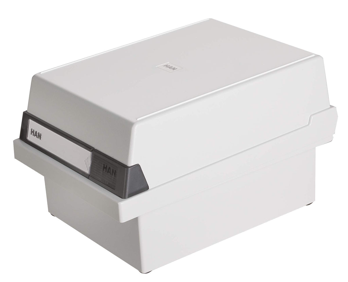 HAN 966-11, Card filing box A6 landscape. Innovative, attractive design holds 800 cards, readjustable lid supplied with large inscription label, light-grey