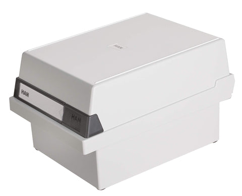HAN 966-11, Card filing box A6 landscape. Innovative, attractive design holds 800 cards, readjustable lid supplied with large inscription label, light-grey