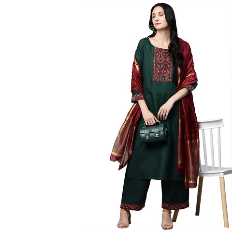 Gosriki Women's Cotton Straight Kurta with Palazzo & Dupatta (MORNING GREEN_L_Green_Large)