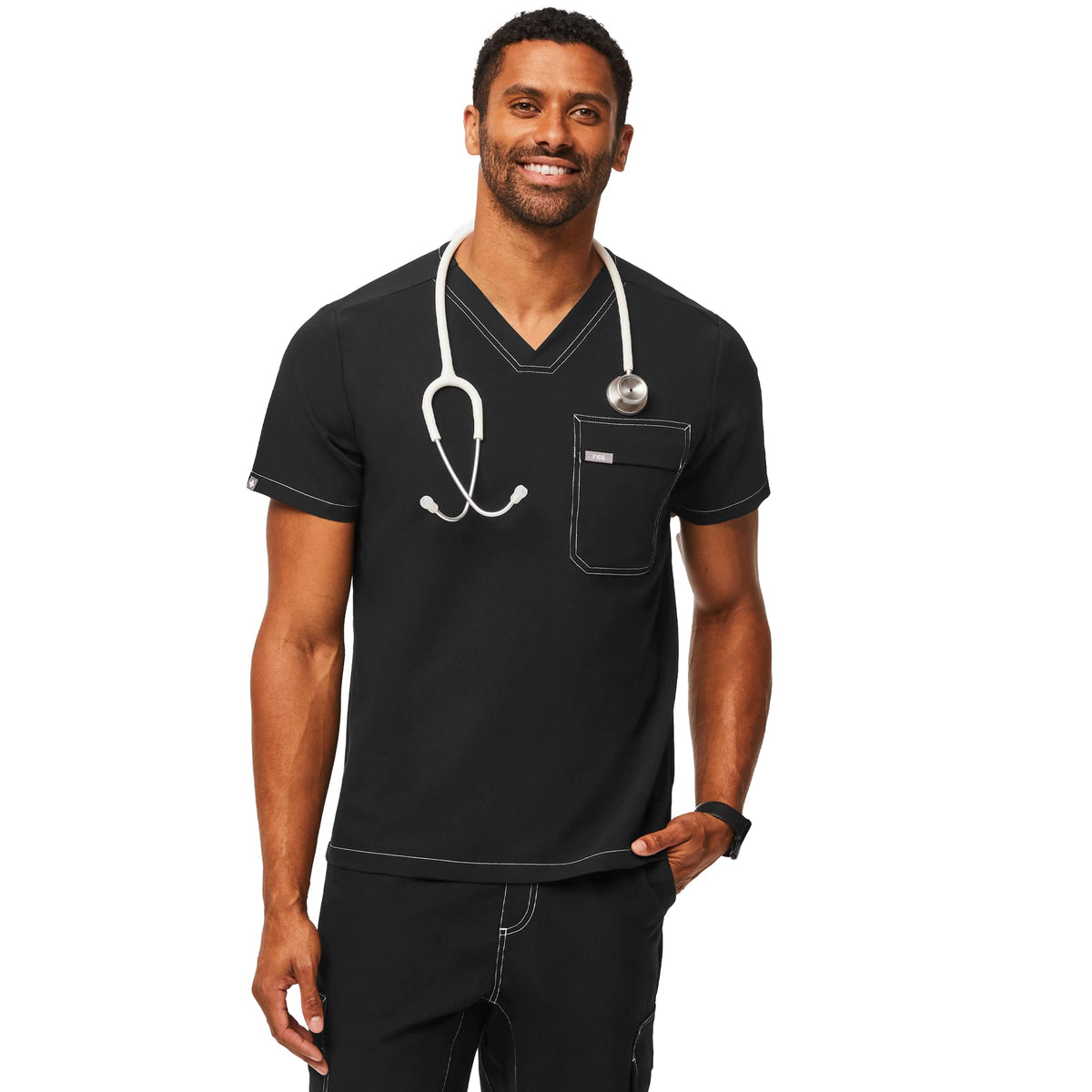 FIGS Classic Leon Cargo Scrub Top for Men - Black/White, XS