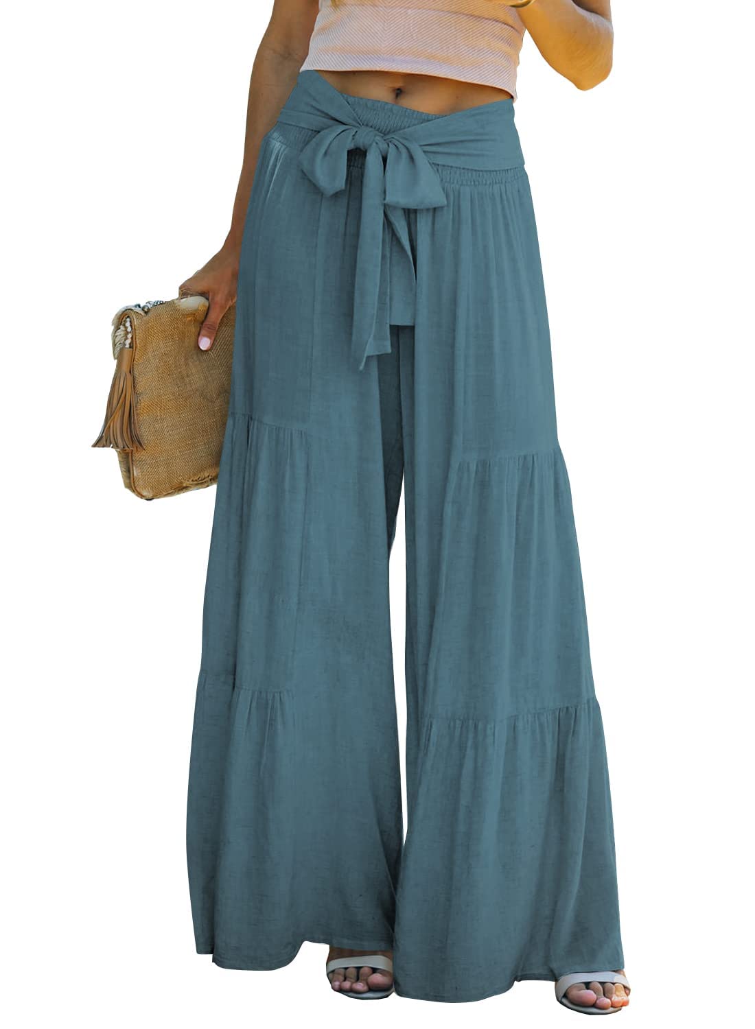 Lafural Women Summer High Waisted Cotton Linen Flare Palazzo Pants Long Beach Pant Lounge Trousers, Blue, XL