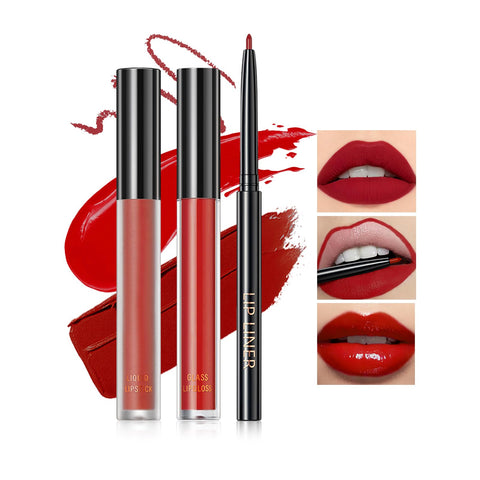 U-Shinein 3PCS Lipstick and Lip Liner Set, Matte Liquid Lipstick & Lip Liner Lip Gloss Set, Long Lasting Non-Stick Cup Lipstick, Moisturizing Lip Glaze Makeup Gift Set, Beauty Cosmetics for Women, 06