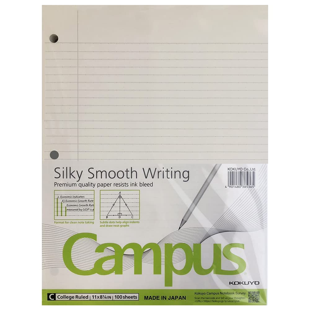 Kokuyo Campus Loose Leaf Paper for 3 Ring Binders, 11â€ x 8-1/4â€, College Ruled, 100 Sheets, Premium quality paper resists ink bleed, Made in Japan (WSG-NO-887G1)