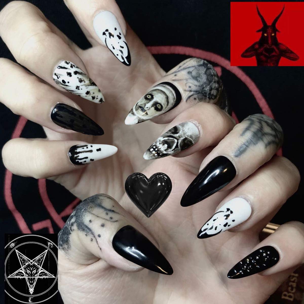 BABALAL 24Pcs Medium Stiletto Fake Nails Black Skull False Nails Punk Full Cover Artificial Halloween Press on Nails Almond Acrylic Nails for Women and Girls
