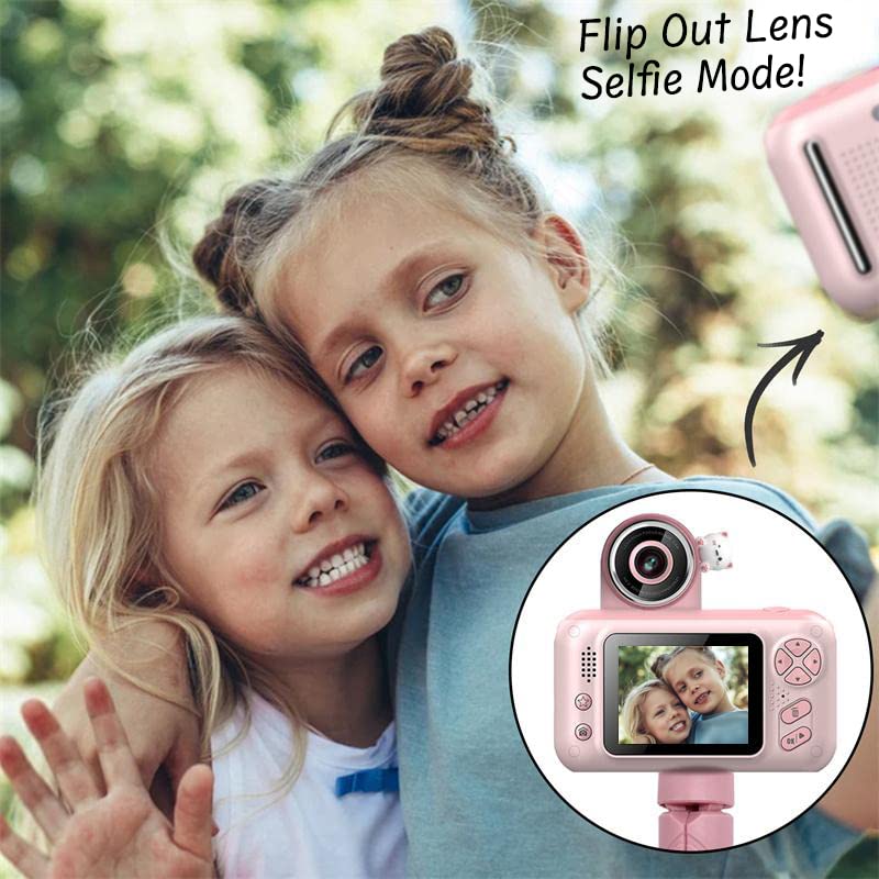 Acuvar Full 1080P Kids Selfie Flip Lens HD Digital Photo & Video Rechargeable Camera with 2" Screen, Matching Handheld Tripod, 32GB Card, Memory Card Case, Card Reader & Micro USB Charging (Pink Kit)