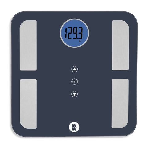 Weight Watchers Scales by Conair BathroomScale for BodyWeight,Glass Digital Scale,Body Analysis Measures Body Fat,Body Water,BMI,Bone Mass&Muscle for 4Users,Measures Weight up to 400Lbs in Black&Blue