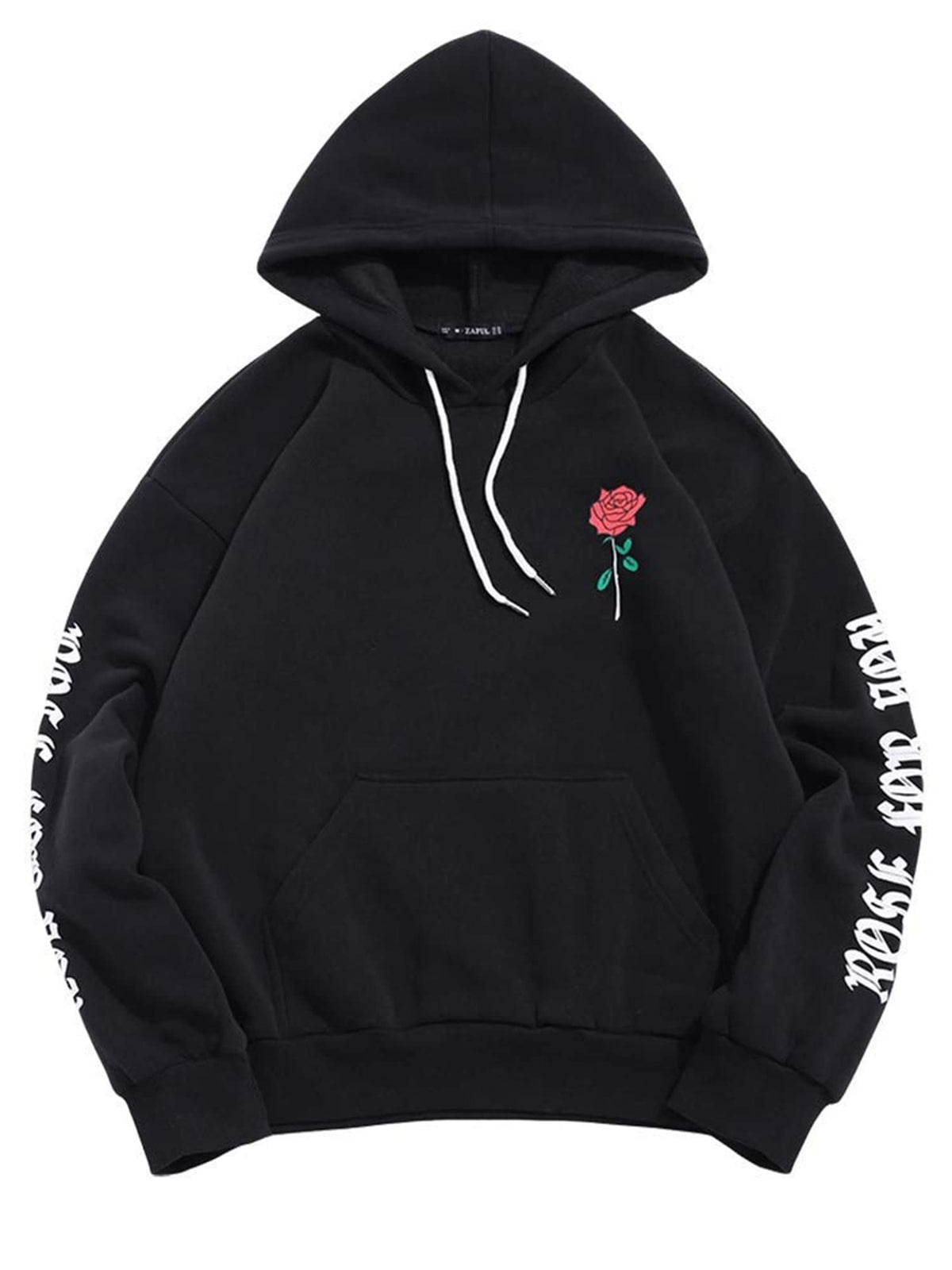 ZAFUL Men's Fleece Hoodie Unisex Rose Letter Print Hooded Pullover Kangaroo Pocket Sweatshirt Black S
