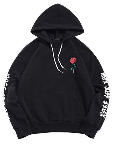 ZAFUL Men's Fleece Hoodie Unisex Rose Letter Print Hooded Pullover Kangaroo Pocket Sweatshirt Black S