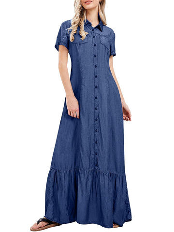 utcoco Womens Short Sleeve Denim Maxi Dress Casual Loose Fit Button Down Long Jean Dresses (Medium, Blue)