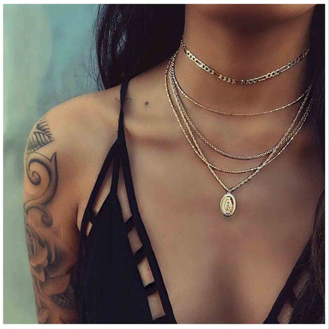 Yheakne Boho Layered Oval Coin Necklace Choker Gold Virgin Mary Necklace Figaro Chain Necklace Vintage Multilayer Necklace Chain Jewelry for Women and Girls