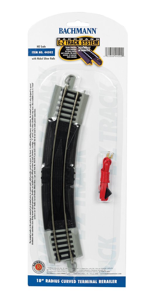 Bachmann Trains - Snap-Fit E-Z TRACK 18ÃƒÆ’Ã†â€™Ãƒâ€šÃ‚Â¢ÃƒÆ’Ã‚Â¢ÃƒÂ¢Ã¢â€šÂ¬Ã…Â¡Ãƒâ€šÃ‚Â¬ÃƒÆ’Ã¢â‚¬Å¡Ãƒâ€šÃ‚Â RADIUS CURVED TERMINAL RERAILER w/WIRE (1/card) - NICKEL SILVER Rail With Gray Roadbed - HO Scale
