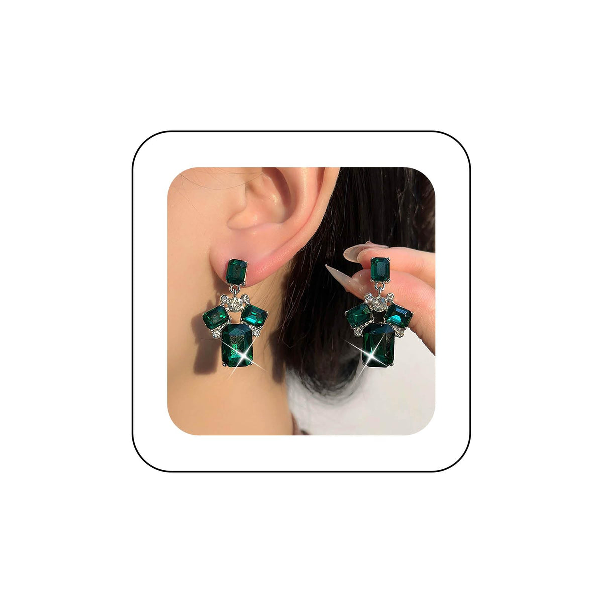 Dervivea Vintage Green Emerald Dangle Earrings Silver Emerald Stud Earrings Square Emerald Earrings Green Crystal Drop Earrings Jewelry for Women and Girls