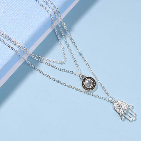 Yheakne Boho Layered Opal Moonstone Necklace Silver Hamsa Pendant Necklace Futian Hand Necklace Chain Opalite Gem Necklace Jewelry for Women and Girls