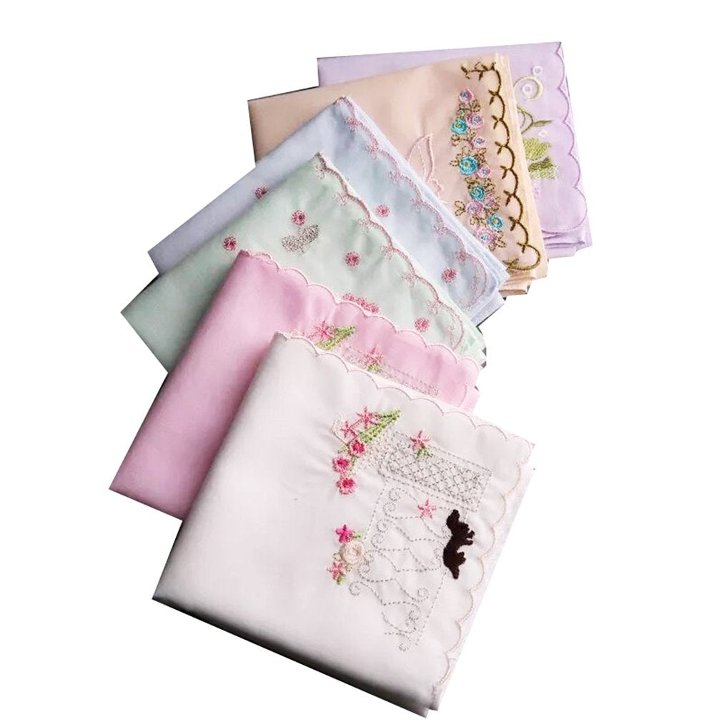 Assorted Ladies Novetly Embroidered Cotton Soft Handkerchiefs Scalloped Hankies, Mix, 3PCS