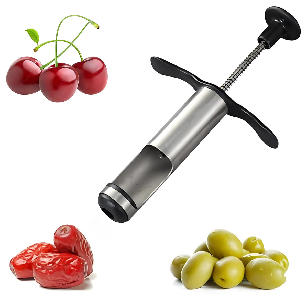 Vellichor Stainless Steel Heavy Duty Cherry / Date Olive Pitter Corer - Quickly and efficiently Remove Stones or Seeds with The Spring Loaded Push pin | Satisfying Fun to use! Seed Removal Fruits