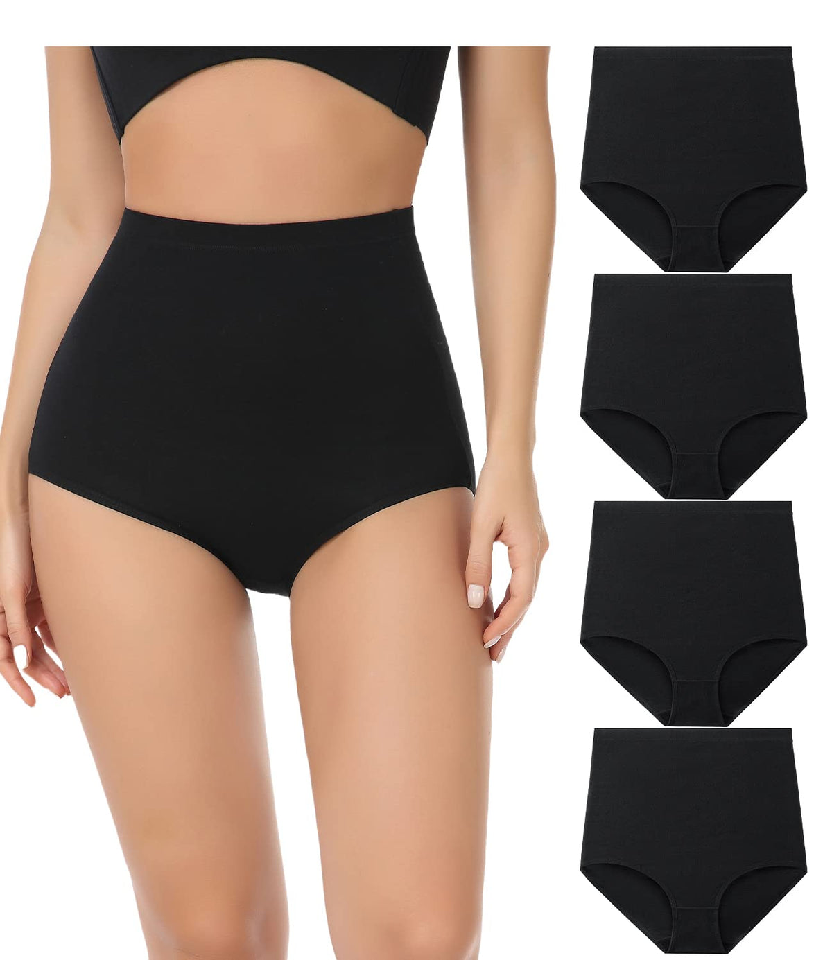 wirarpa Women's Cotton Knickers Super High waisted Briefs Ladies Underwear Full Coverage Panties Black 4 Pack XL