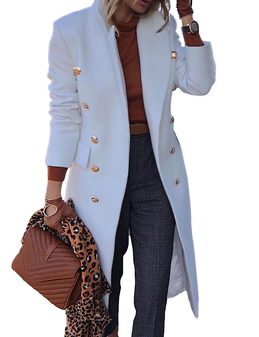 IDEALSANXUN Wool Coats for Women Fall Winter Dress Peacoat Long Trench Coat Double Breasted Blazer Jackets Overcoat, White, M