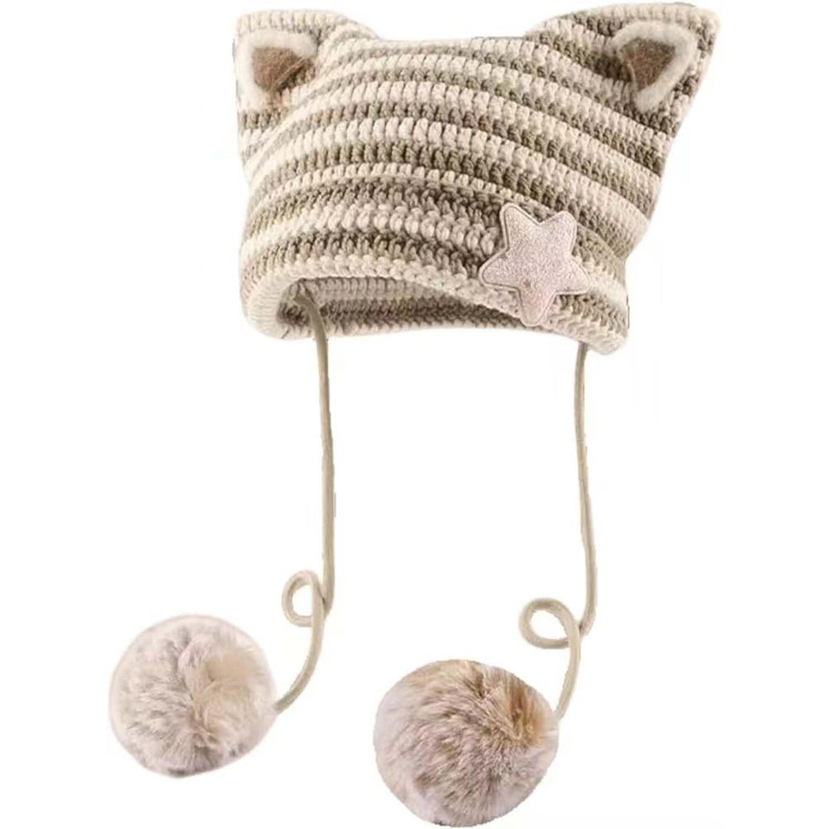 Y2k Beanie Cat Ear Gyaru Acubi Devil Crochet Hats Cute Kawaii Star Grunge Aesthetic Pompoms Cutecore Y2k Harajuku Clothes (Khaki,One Size)