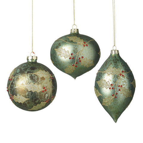 Luxury Set of 3 Large Green HOLLY LEAF & Red BERRY Design Glass Christmas tree Baubles Decorations with Gold Glitter Detail - 10cm