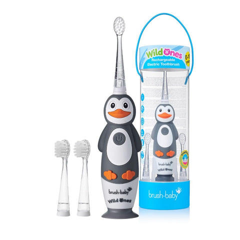Brush-Baby WildOnes Kids Electric Rechargeable Toothbrush Penguin, 1 Handle, 3 Brush Head, USB Charging Cable, for Ages 0-10 (Penguin)
