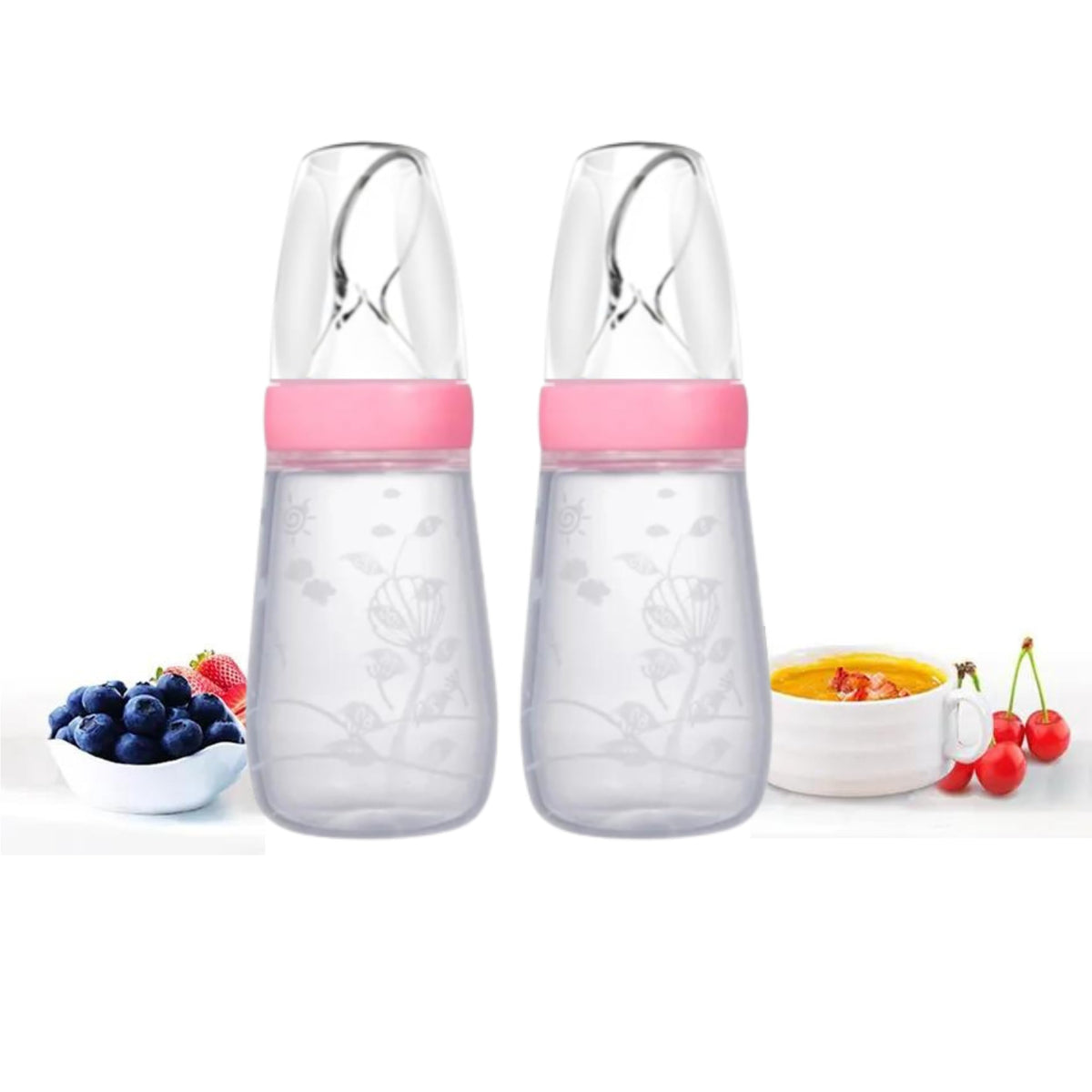 SNS Baby Squeeze Silicone Feeding Bottle & Spoon 2 Pcs Rice Fruits Vegetables Paste Feeding Bottle for Small Mouth, Child Food Feeder Baby Weaning Spoon (Pink)