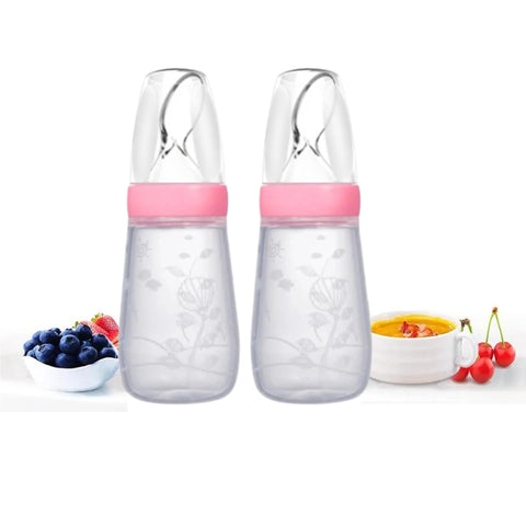 SNS Baby Squeeze Silicone Feeding Bottle & Spoon 2 Pcs Rice Fruits Vegetables Paste Feeding Bottle for Small Mouth, Child Food Feeder Baby Weaning Spoon (Pink)