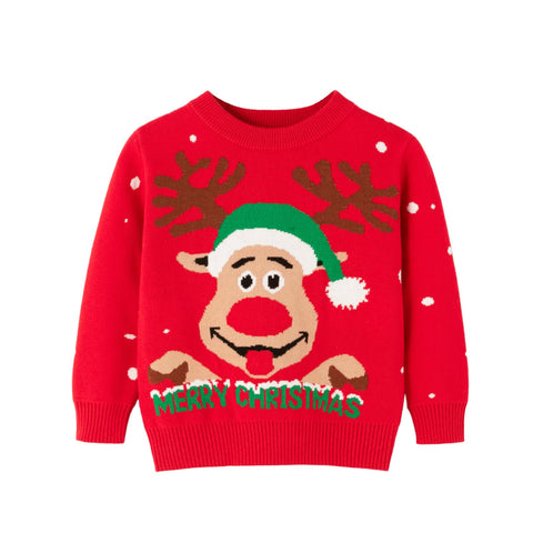 Kids Christmas Jumper Reindeer Christmas Tree Elf Snowman Crew Neck Jumper Winter Sweatshirt for 2-6 Years Old Boys and Girls (Happy Reindeer Red, 2-3 Yrs)