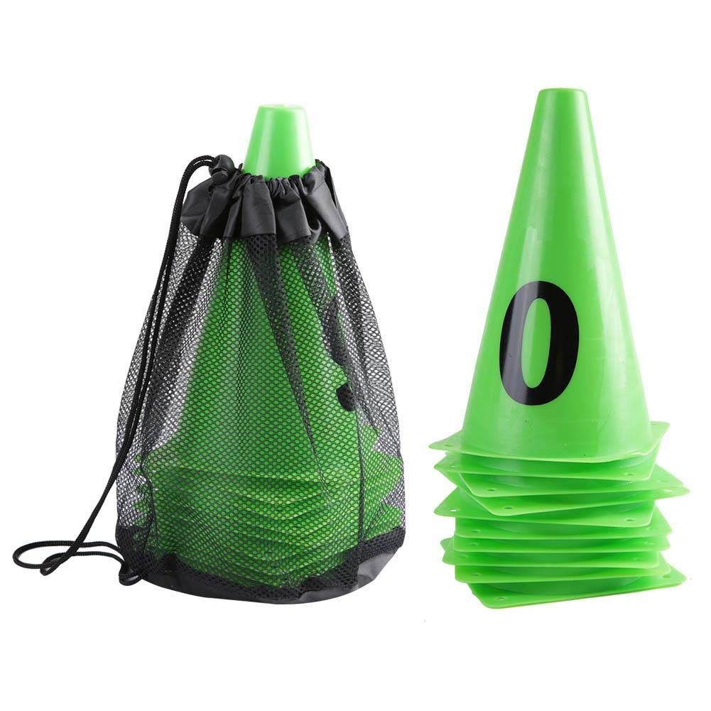 Soccer Cone, 10 Pcs/Set 23cm Green Football Training Cone Number 0-9 Soccer Barriers Marker Sports Equipment with Bag for Football Training Nonridingtoyvehicle Football Supplies