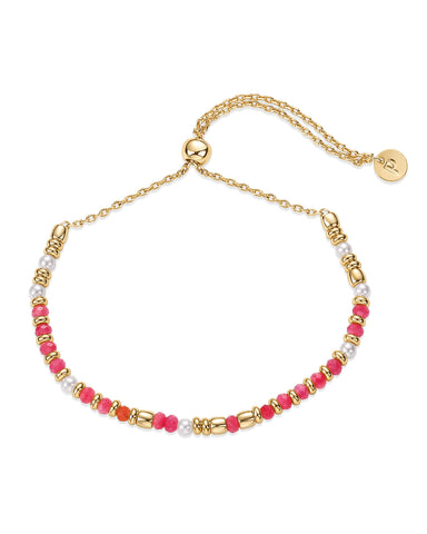 PAVOI 14K Yellow Gold Plated Colored Beaded Bracelet for Women | Boho Festival Adjustable Slider Bracelet | Freshwater Pearls Dyed Rose Jade Beads