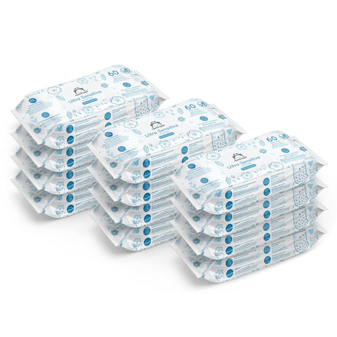 Amazon Brand - Mama Bear Ultra Sensitive Baby Wipes, Unscented, 720 Count (12 Packs of 60), 100% Biodegradable Fabric