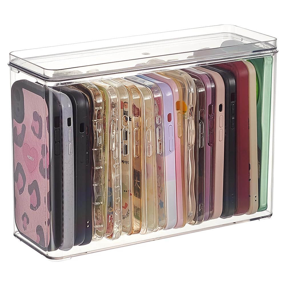 FINGERINSPIRE Clear Phone Case Organizer 10x3.58x7.2inch PET Plastic Stackable Mobile Phone Case Storage Box Rectangle Multifunctional Cell Phone Case Holder with Lid for Desk Organizer
